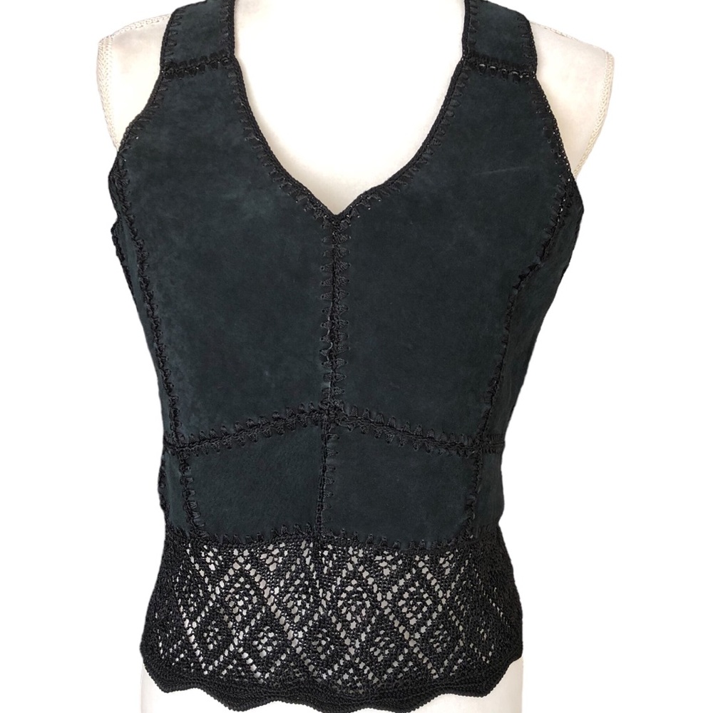 Black Vintage Western Festival patchwork Suede crochet Top Size Medium
